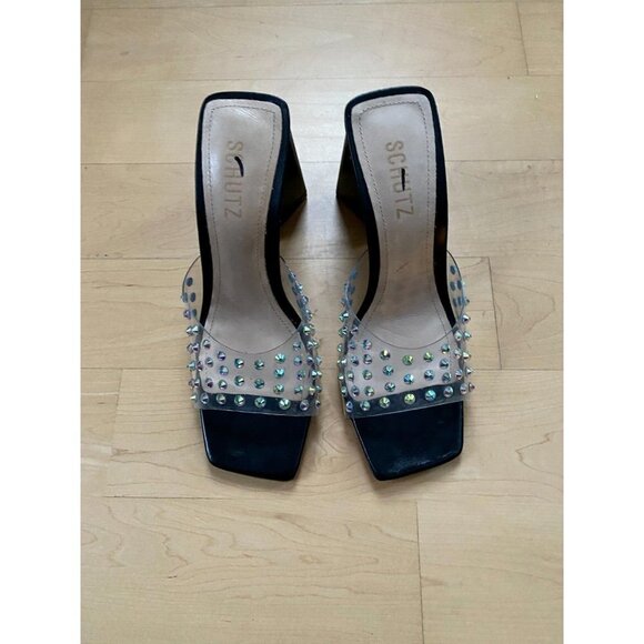 SCHUTZ "Lizah" Crystal Embellished Black Mules Sandals Sz 7B - Picture 2 of 10